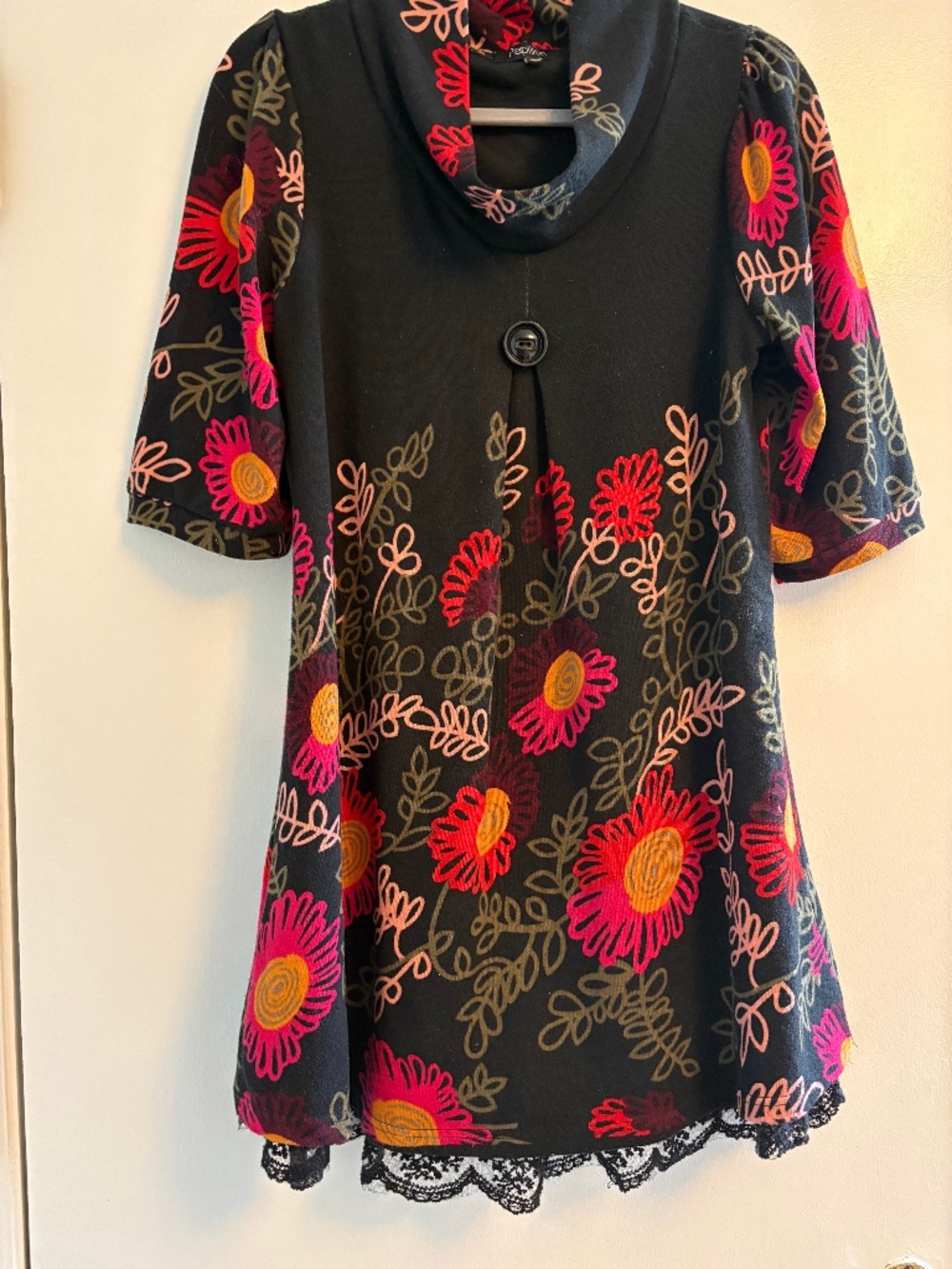 Papillion Floral Tunic Dress XL Black Pink Artsy Boho Lace Hem